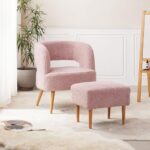 Living&Giving Accent Chair with Ottoman Sherpa Armchair and Ottoman Set with Back,Wood Legs Chair with Arms for Reading,Living Room,Bedroom Pink