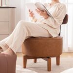 Tattva Woods-Swivel Accent Chair Living Room Chair with Back, upholstered Wood mid Century Modern Chair for Bedroom Office, Faux Leather Cognac Brown