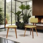 Tattva Woods Arm Chairs-Mid-Century Dining Chair in Walnut Wood and Green Fabric