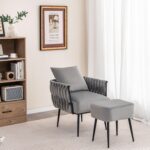 Tattva Woods Velvet Accent Chair with Ottoman, Modern Comfy Arm Chair w/Solid Metal Frame, Pillow, Max Load 330 Lbs, Upholstered Single Sofa Chair w/Footrest, Reading Chair for Bedroom, Living Room, Grey - Image 6