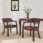 Tattva Woods Arm Dining  Chairs with Upholstered and Arms,Office Desk Chair with Metal Rivets. PU Boss Captain's Chairs,Classic Accent Stools for Dining Room, Bedroom Brown Legs & Wine Red NX173-318WR