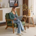 Tattva Woods Arm Chair-home Accent Chair Mid-Century Modern Chair with Pillow Linen Fabric Upholstered Lounge Arm Chair with Solid Wood Frame & Soft Cushion for Living Room, Bedroom, Balcony, Green - Image 4