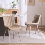 Tattva Woods Mid-Century Modern Dining Chairs Set of 2, Khaki PU Leather Upholstered Kitchen Chairs with Khaki Metal Legs, Armless Accent Chair for Dining Room, Guest Reception Room