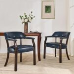 Tattva Woods Arm Chairs  with Upholstered and Arms,Office Desk Chair with Metal Rivets. PU Boss Captain's Chairs,Classic Accent Stools for Dining Room, Bedroom Brown Legs & Dark Blue NX173-318LB