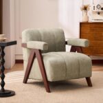 Arm Chair-Accent Chair Mid-Century Modern with Wide Backrest for Bedroom, Upholstered Living Room Chair with Wooden, Lounge Armchair with Thick Cushion, Cute Chenille Comfy Chair, Sage