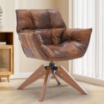 Tattva Woods Arm Chair-Mid Century Accent Chair, Hot Stamping Cloth Desk Chair no Wheel, Modern Cozy Vanity Chair Advanced & Wear-Resistant with Amrest, Wood Legs for Living Room, Reading Room, Bedroom (Brown)