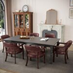 Tattva Woods Arm Dining  Chairs with Upholstered and Arms,Office Desk Chair with Metal Rivets. PU Boss Captain's Chairs,Classic Accent Stools for Dining Room, Bedroom Brown Legs & Wine Red NX173-318WR - Image 5