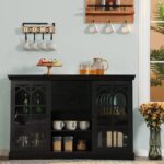 Sideboard Buffet Storage Cabinet with 2 Glass Doors & 2 Drawers Coffee Bar Modern Farmhouse Style Entryway Cabinet for Kitchen Dining Room Living Room, Black