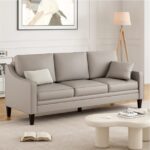Modern 3-Seater Faux Leather Sofa with Curved Arms & Solid Wood Legs